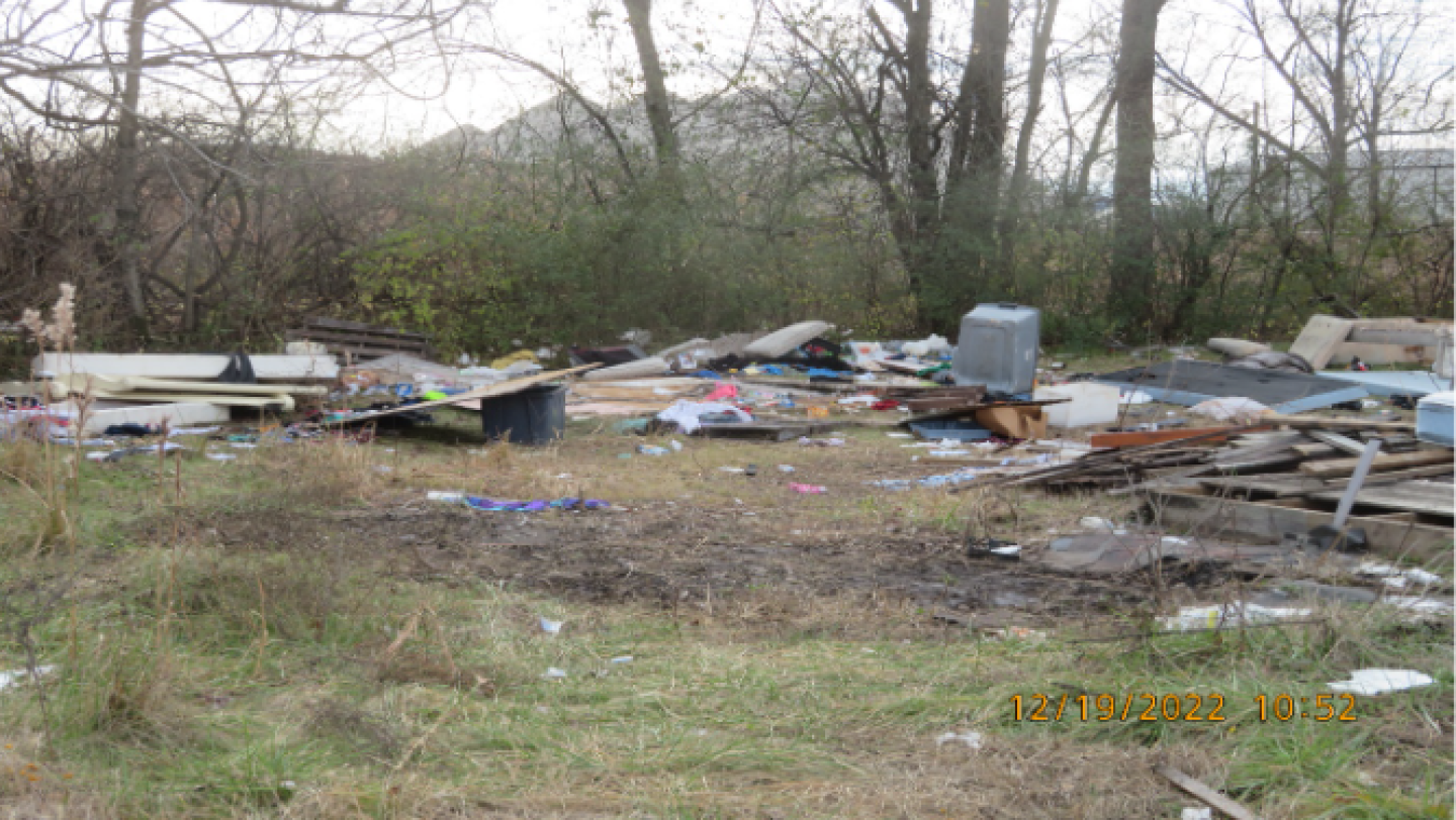 Trash and debris scattered in a grassy area next to a forest, showing various discarded items including wood, plastic, and furniture.