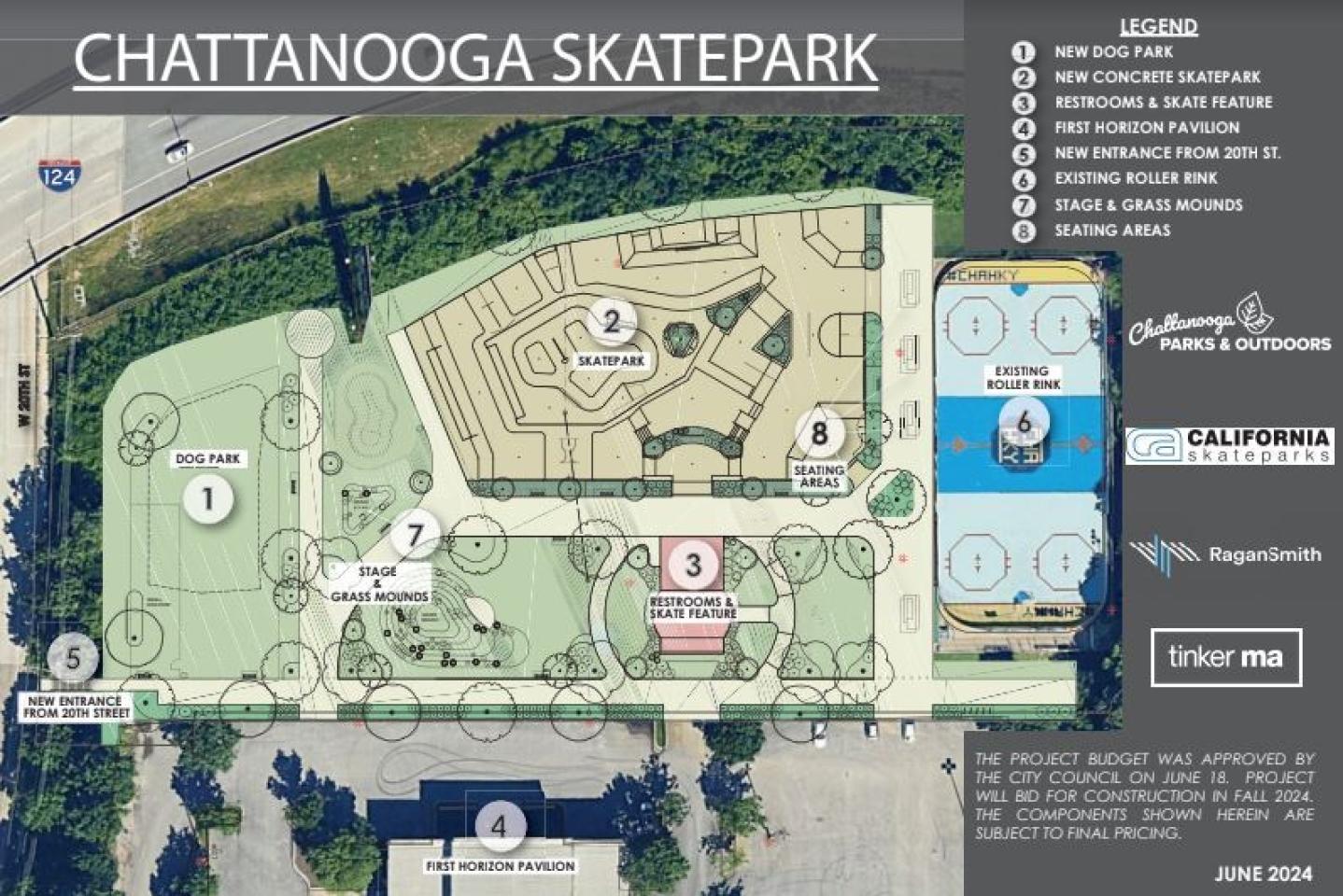 llustration of the proposed Chattanooga Skatepark featuring various ramps, greenery, and seating areas.