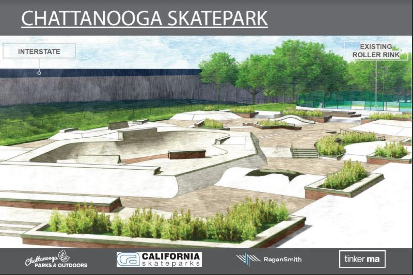 Vista en perspectiva del Chattanooga Skatepark mostrando rampas, un baño con techo apto para patinar y las instalaciones adyacentes.