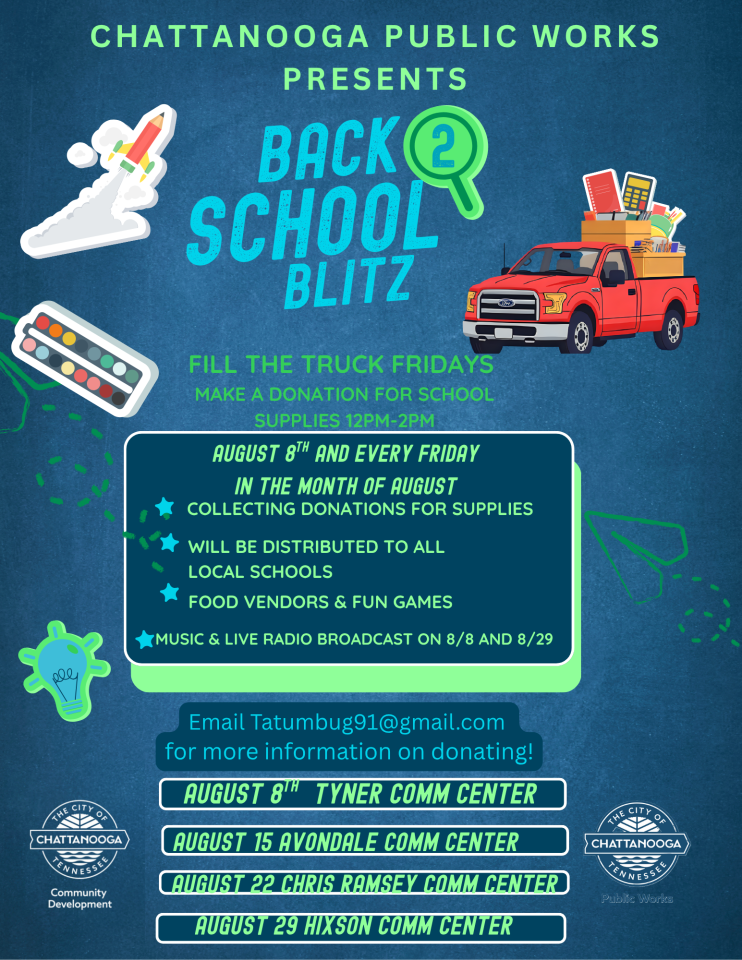 Regreso a Clases Blitz

¡Prepárese para el nuevo año escolar con nuestro evento especial de regreso a clases! 

Fecha: 15 de agosto
Hora: 10:00 a.m. - 2:00 p.m.
Ubicación: Centro Comunitario de Chattanooga

Actividades:
- Distribución gratuita de útiles escolares
- Exámenes de salud y vacunas
- Información sobre programas extracurriculares

¡No se lo pierda! Para más detalles, visite nuestra página de eventos en línea.