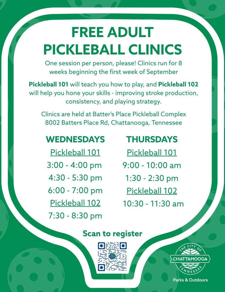 Folleto verde y blanco para clínicas de pickleball