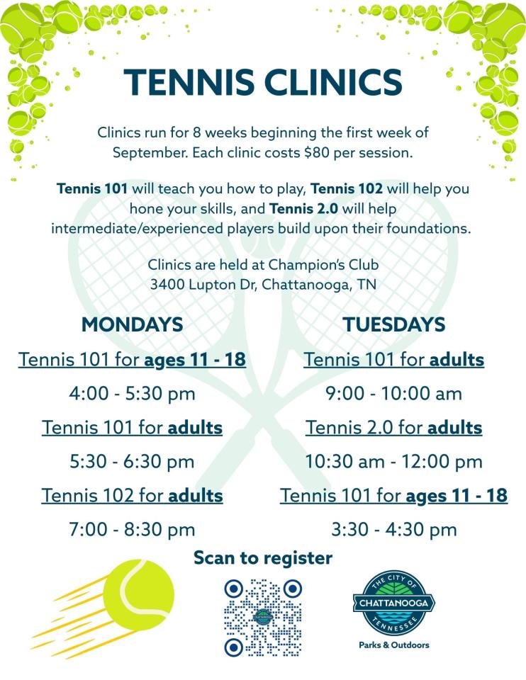 white flyer with tennis balls advertising tennis clinics