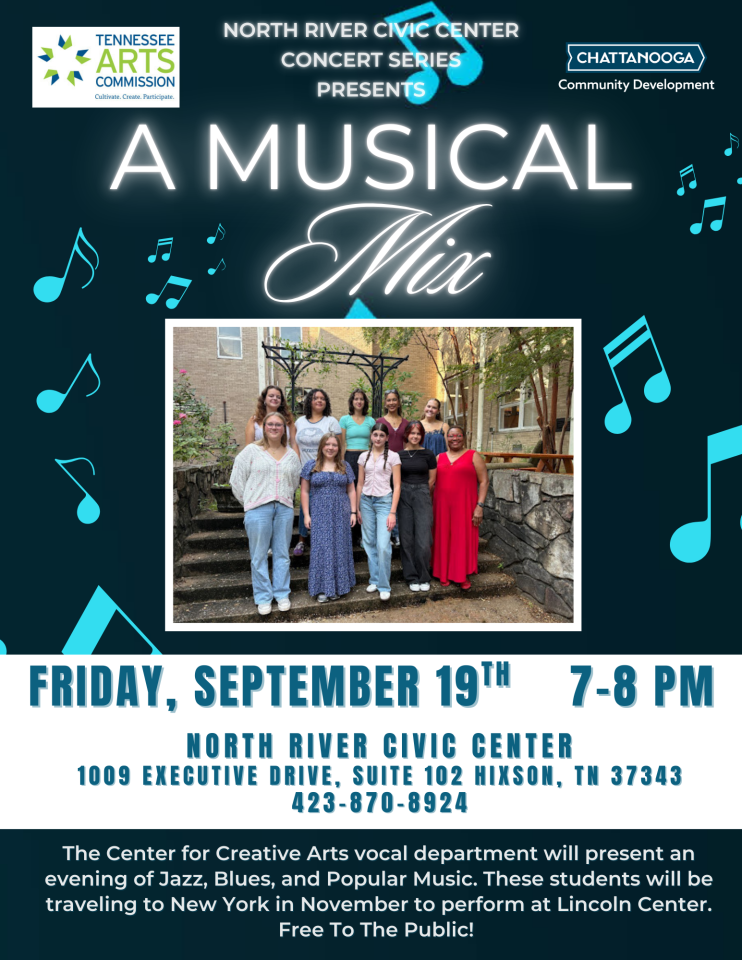 **Evento de Mezcla Musical**

¡Únase a nosotros para una noche llena de música y diversión!

**Fecha:** 15 de noviembre de 2023  
**Hora:** 7:00 PM - 10:00 PM  
**Ubicación:** Centro Comunitario de Chattanooga

Disfrute de una variedad de géneros musicales interpretados por talentosos artistas locales. Habrá comida y bebidas disponibles para su compra.

**Entrada gratuita**  
Para más información, visite nuestra página web o llame al (423) 555-1234.

¡Esperamos verlo allí!