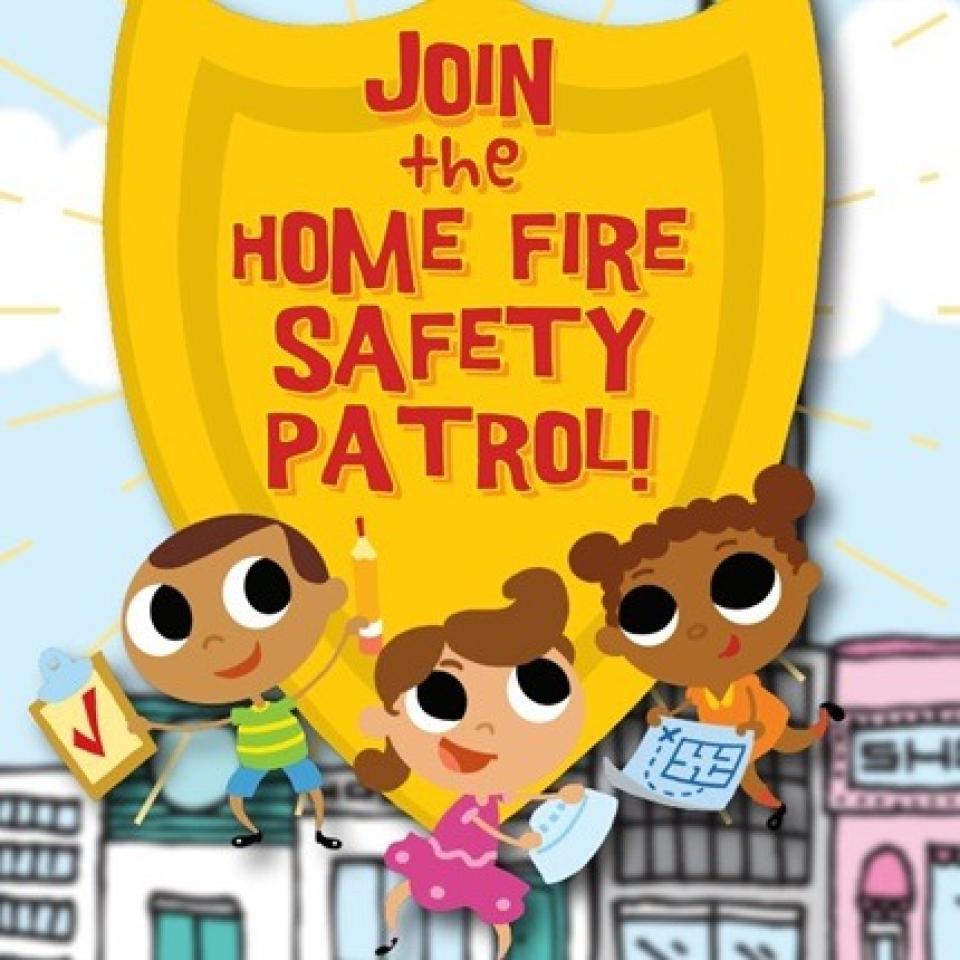 Three cartoon children sitting underneath a badge that says Join the Home Fire Safety Patrol