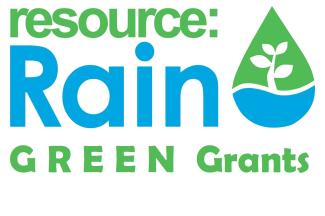 Logo for Resource Rain Green Grants, featuring a green raindrop with leaves inside, symbolizing environmental sustainability.