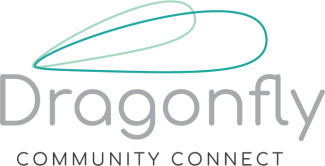Logotipo de Dragonfly Community Connect con alas de libélula en una formación circular.