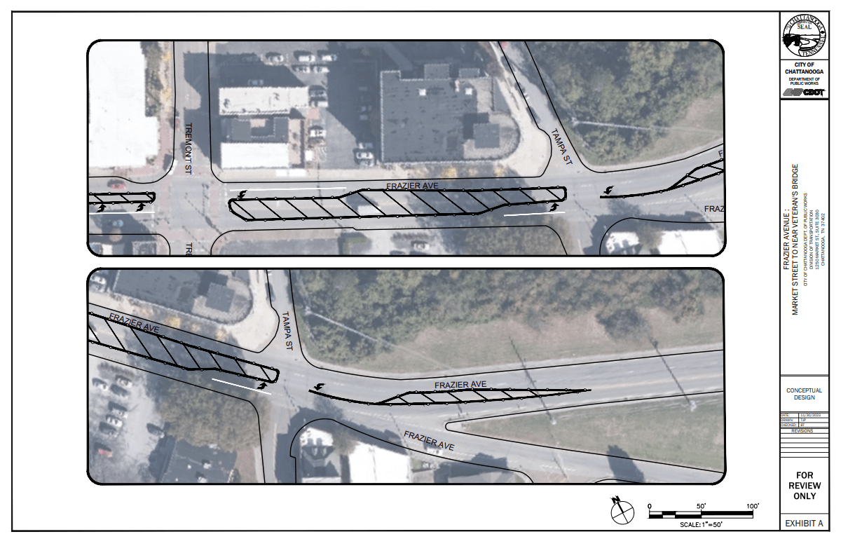 Draft representations of intersection diagrams with temporary weekend pattern delineated by traffic barrels.