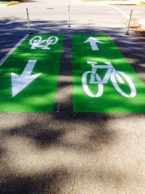 A green painted bike lane featuring arrows and a bicycle, designed for two-way traffic.