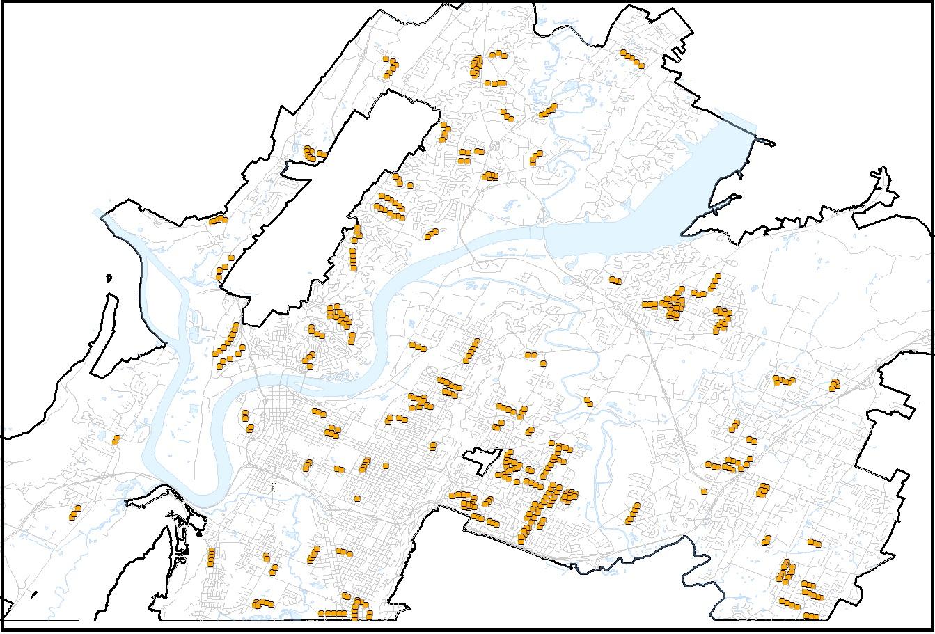 Yellow dots on map of Chattanooga representing Neighborhood Traffic Management Program streets.