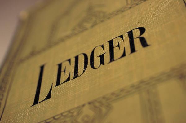 Close-up of a textured, vintage ledger book cover in light olive green with the word 'LEDGER' prominently displayed in bold black letters.