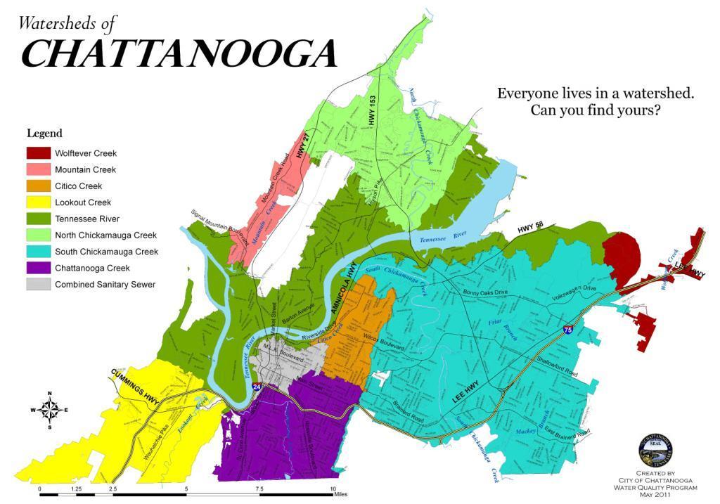 Ilustración de la cuenca hidrográfica con etiquetas de ríos, lagos y áreas urbanas de Chattanooga.