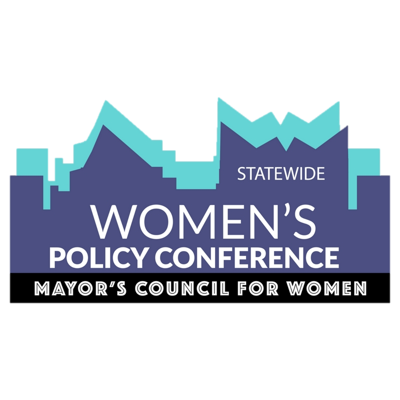 Logo for statewide women's policy conference purple skyline silhouette layered in front of blue skyline silhouette with the words 'women's policy conference' on top