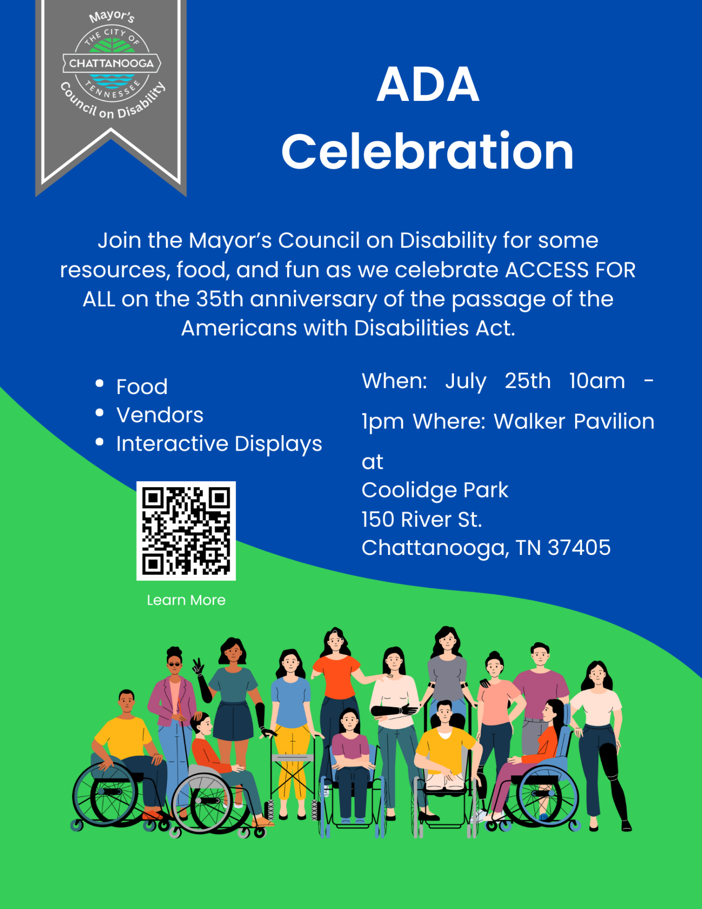 blue and green flyer for ADA celebration