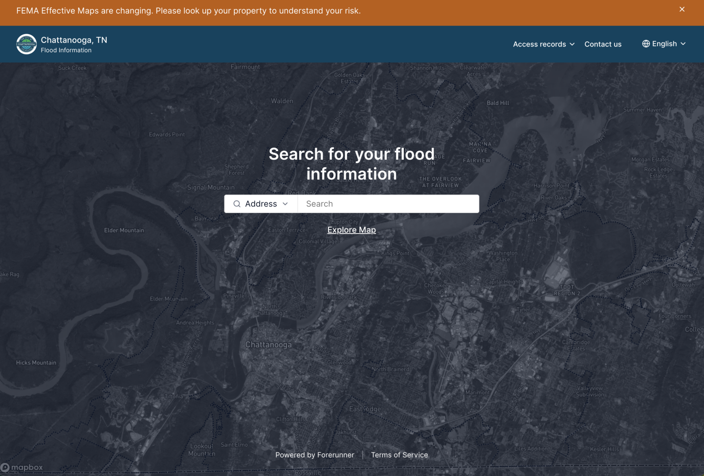 Mapa con superposición oscura y campo de búsqueda en el centro