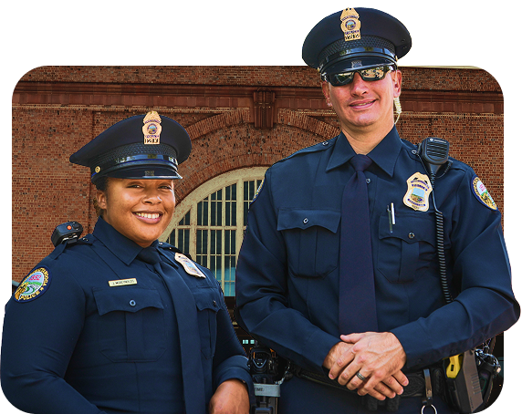 Two Chattanooga Police officers in front of the Chattanooga Choo Choo Hotel.